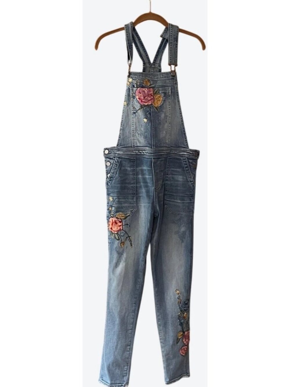 Driftwood Women's Small Olivia Floral Embroidered Distressed Blue Denim Overalls